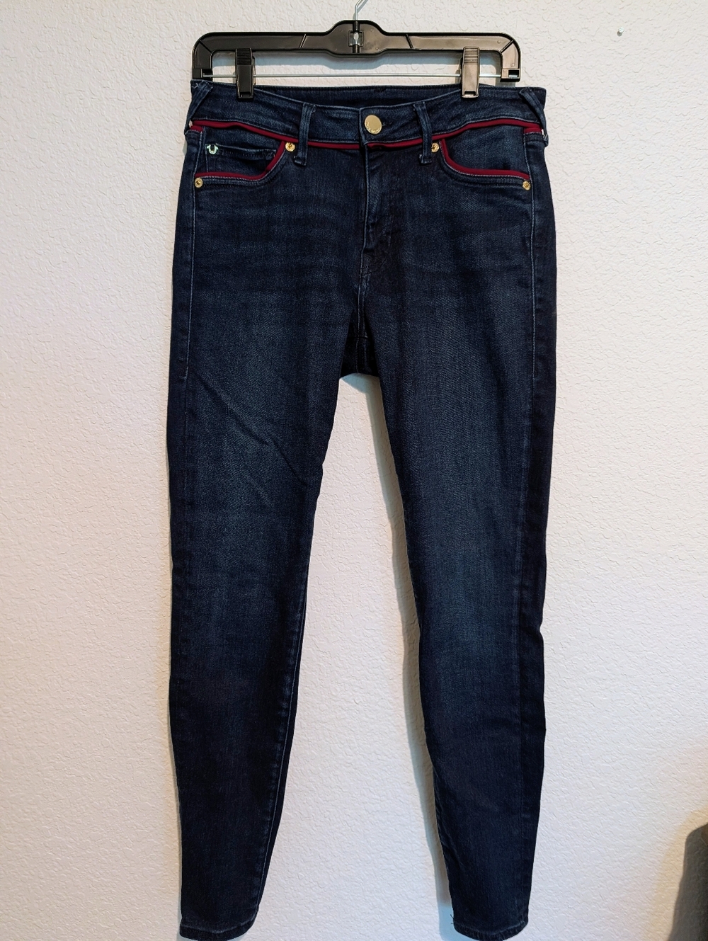 True Religion Jennie Curvy Dark Indigo Skinny Jeans with Red Trim